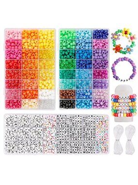 2400 Pony Beads Set Rainbow Jewelry Making Kit Letter Beads Bracelet DIY Craft